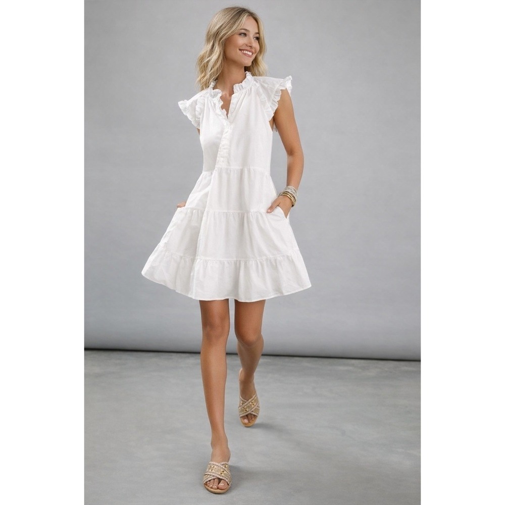 Othilia Anthropologie White Cotton Tiered Ruffle Midi Dress Small S P Sleeveless